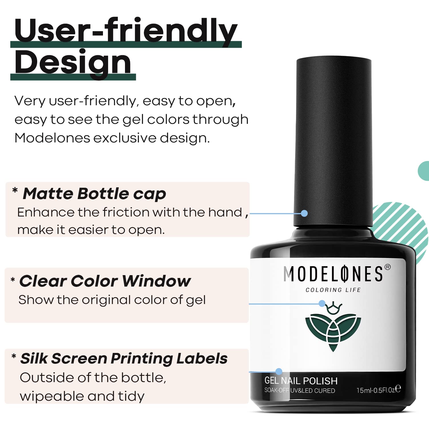 Modelones 15 ml bottle provides long-wear color for multiple sessions.