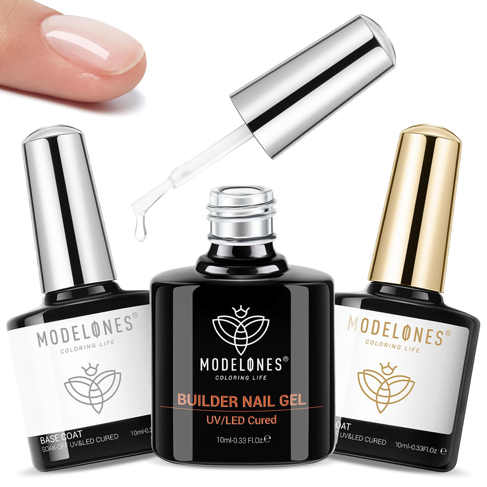 Modelones 3-pcs top coat builder kit for a glossy gel finish at home.