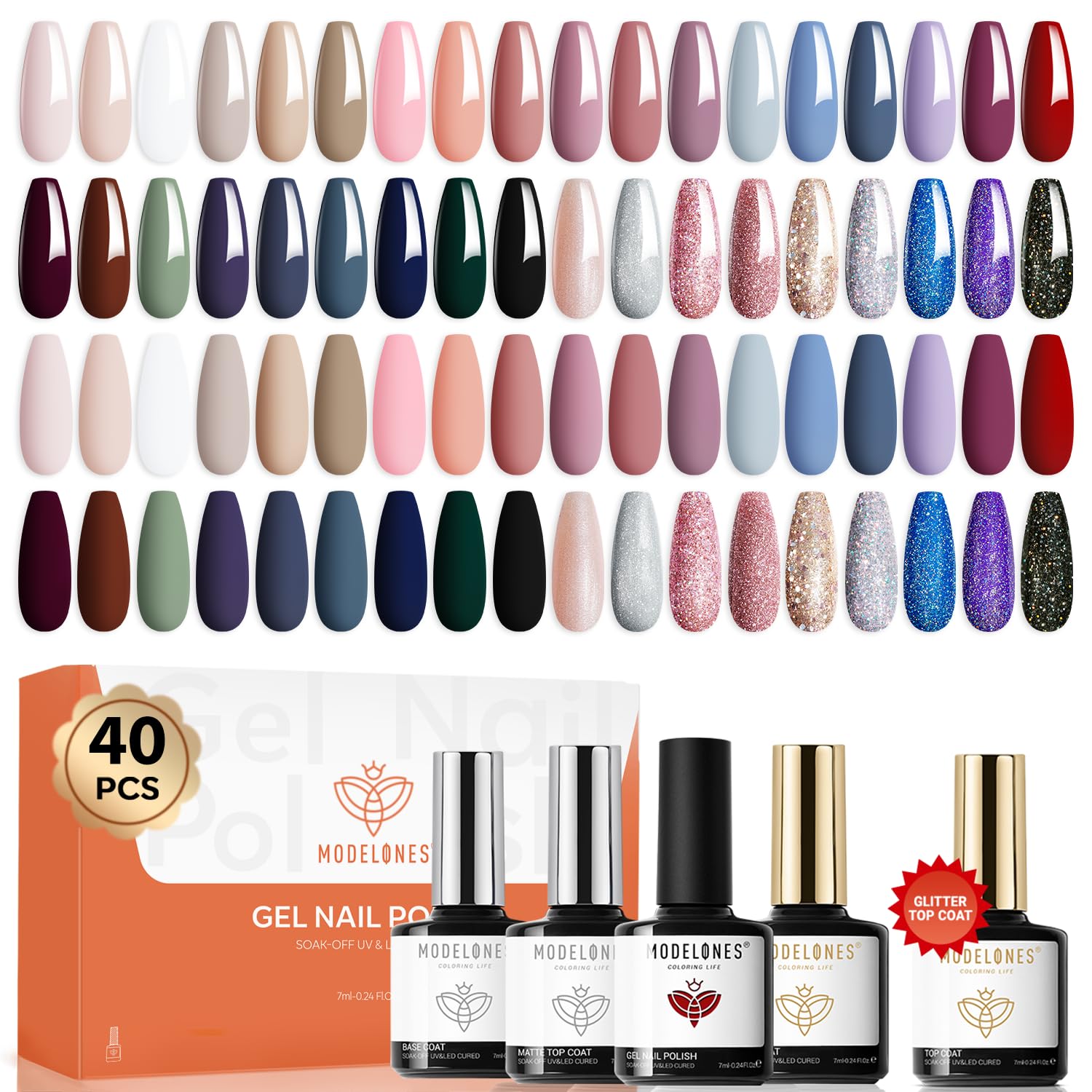 Modelones 40-pcs gel nail polish set in box; vibrant colors for DIY nails