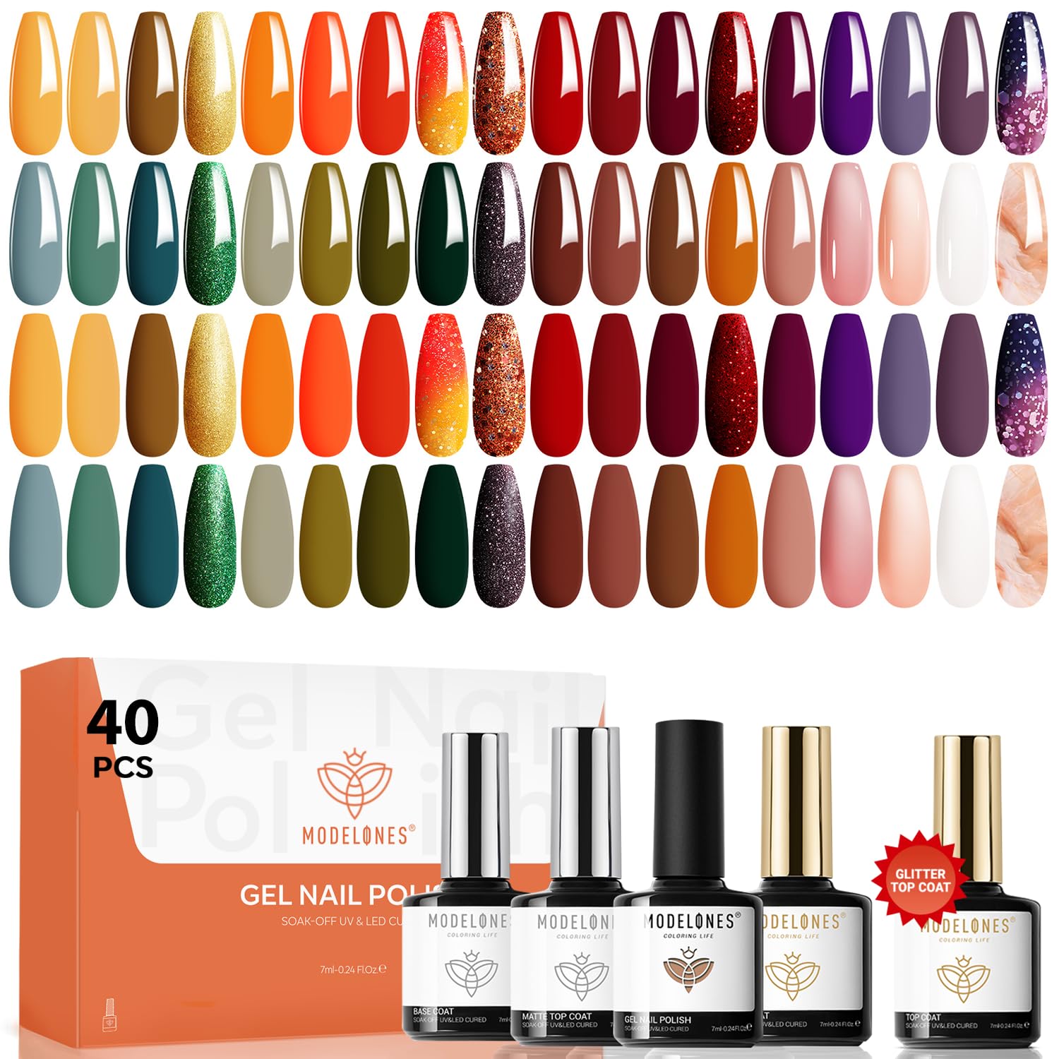 Modelones 40-pcs gel nail polish set bottles arranged for at-home manicures with color variety