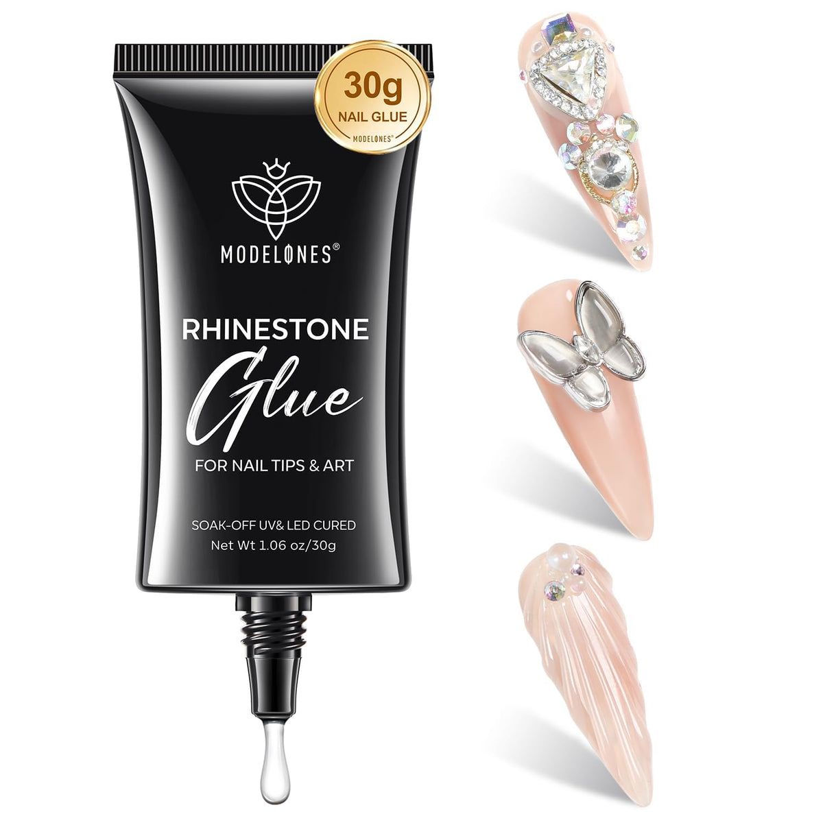 Modelones 4-in-1 Rhinestone Glue bottle pour enables precise application for nail art.