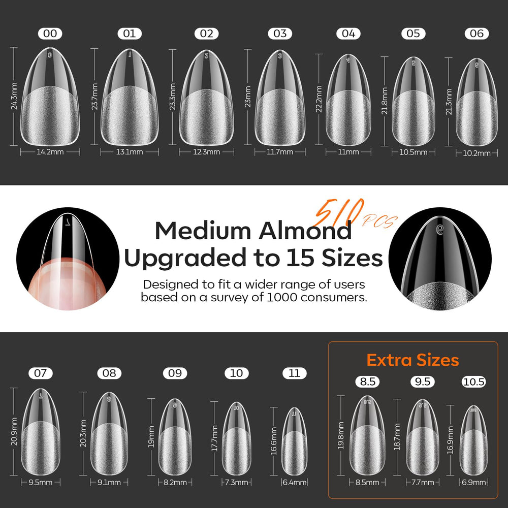 Modelones 510 Almond Nail Tips in 15 sizes for a customizable fit.