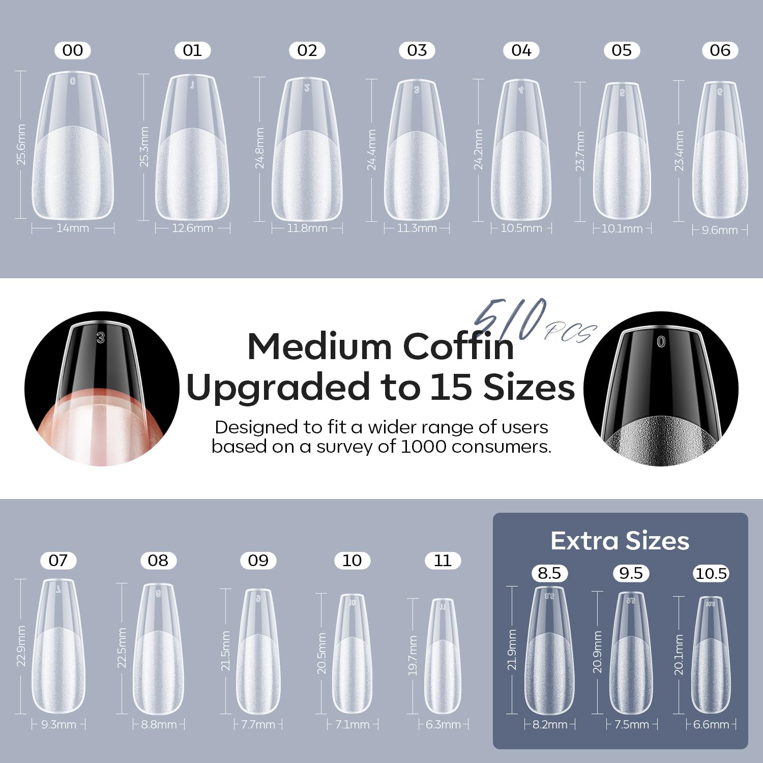 510-piece coffin nail tips laid out for precise fit.