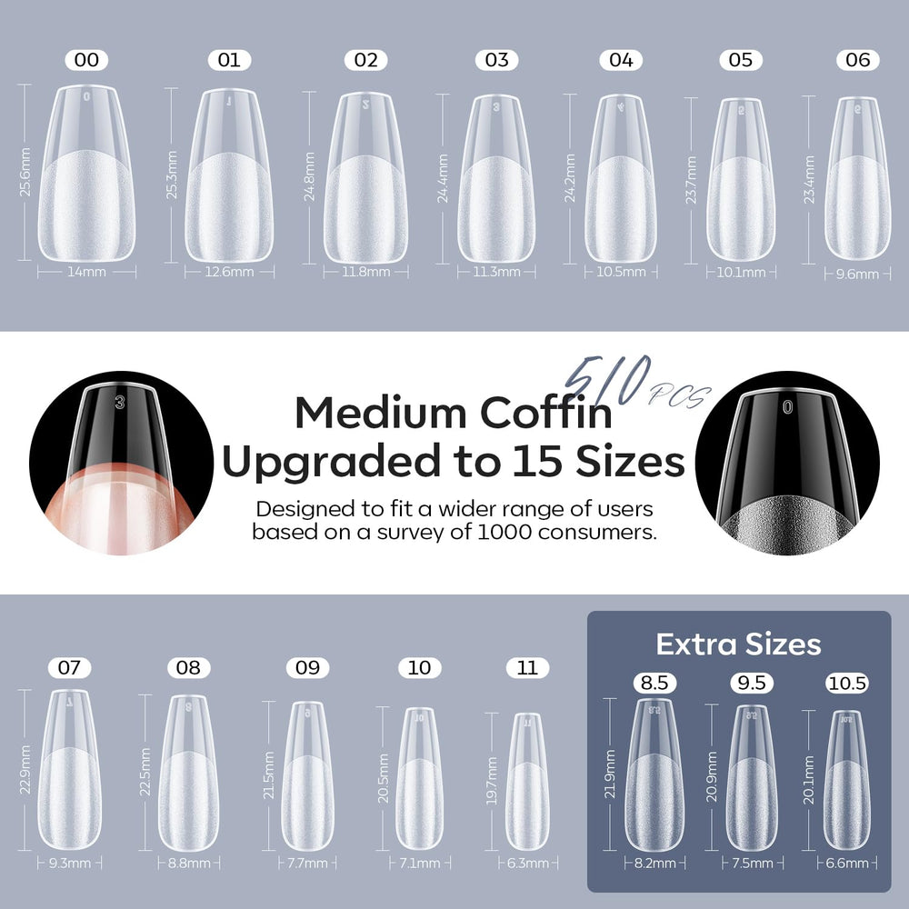510-piece coffin nail tips laid out for precise fit.
