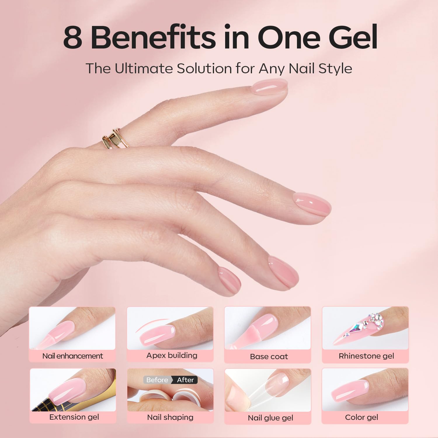 Modelones 8-in-1 builder gel for base, color, apex, and length.