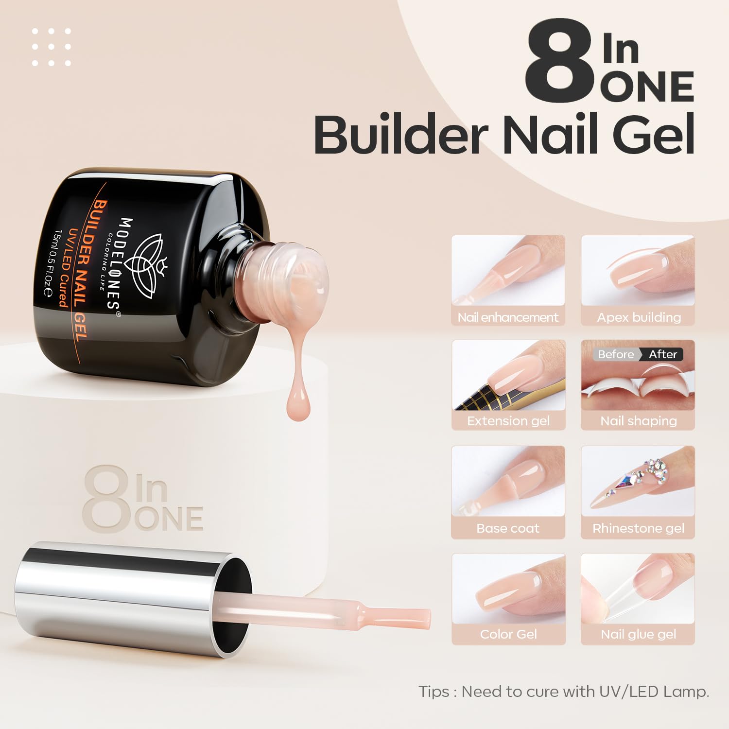 Modelones 8-in-One Builder Gel color-build apex adds length with a natural feel.