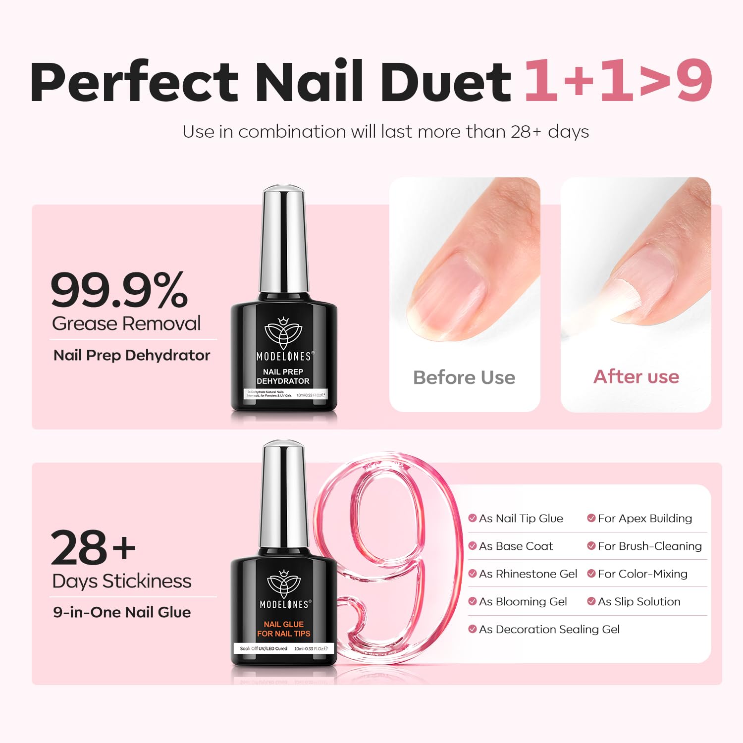 Modelones 9 in one nail glue for versatile, long lasting application.