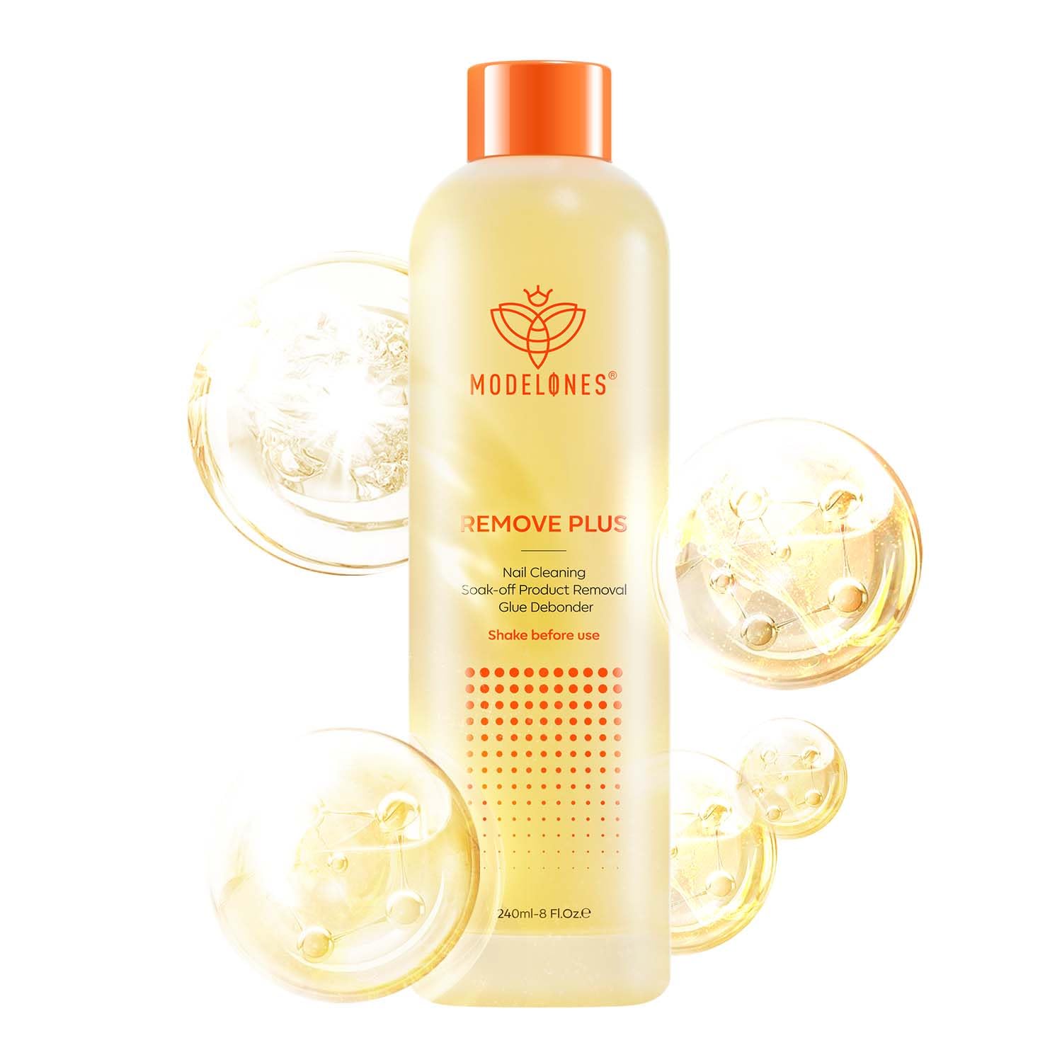 Modelones acetone remover bottle front showing nourishing oils for nails