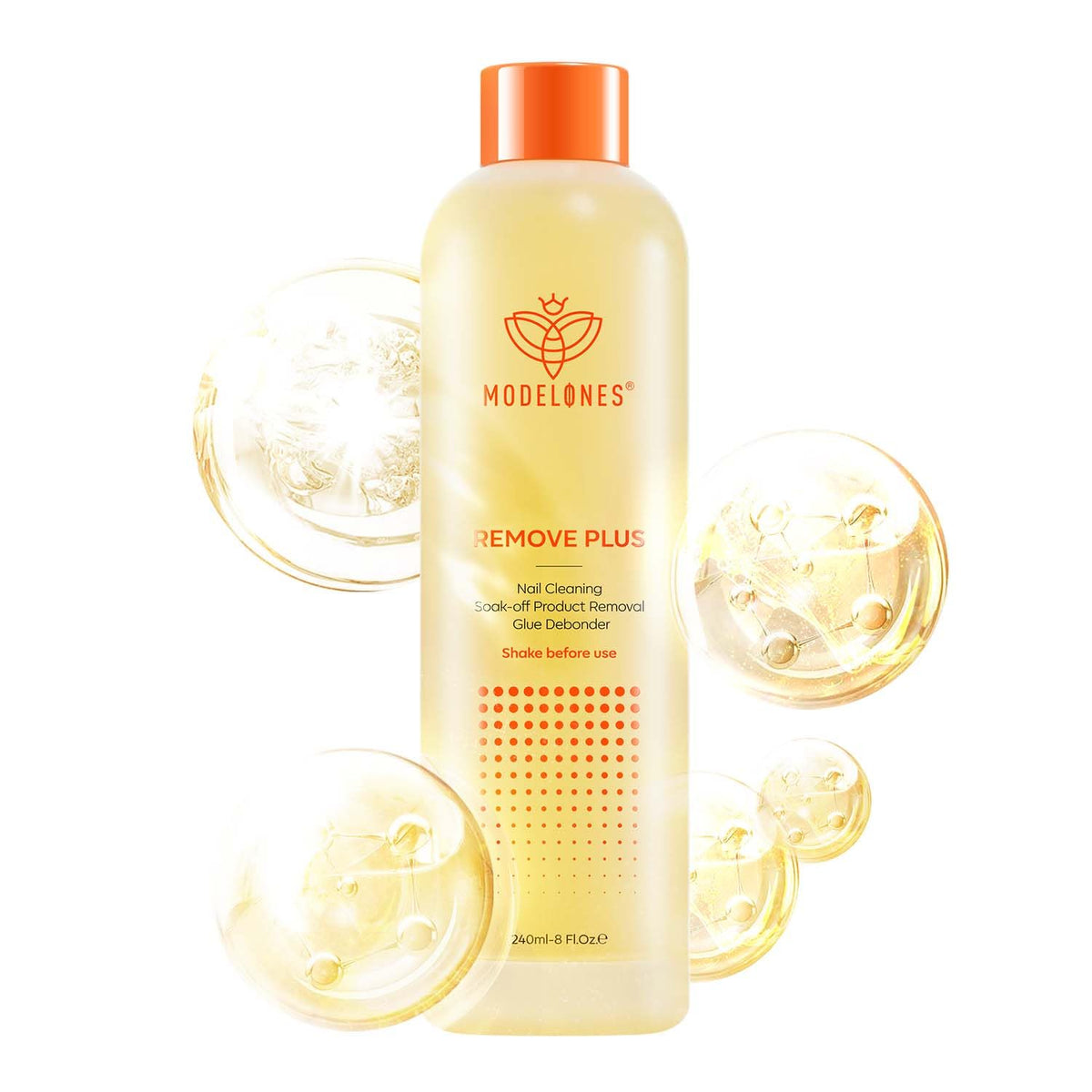 Modelones acetone remover bottle front showing nourishing oils for nails
