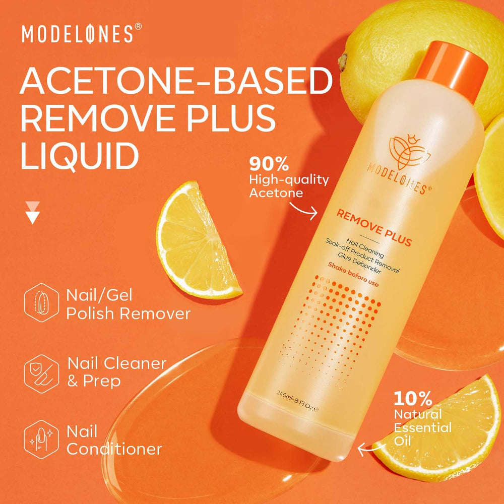 Modelones remover bottle side view displaying ingredients and natural scent