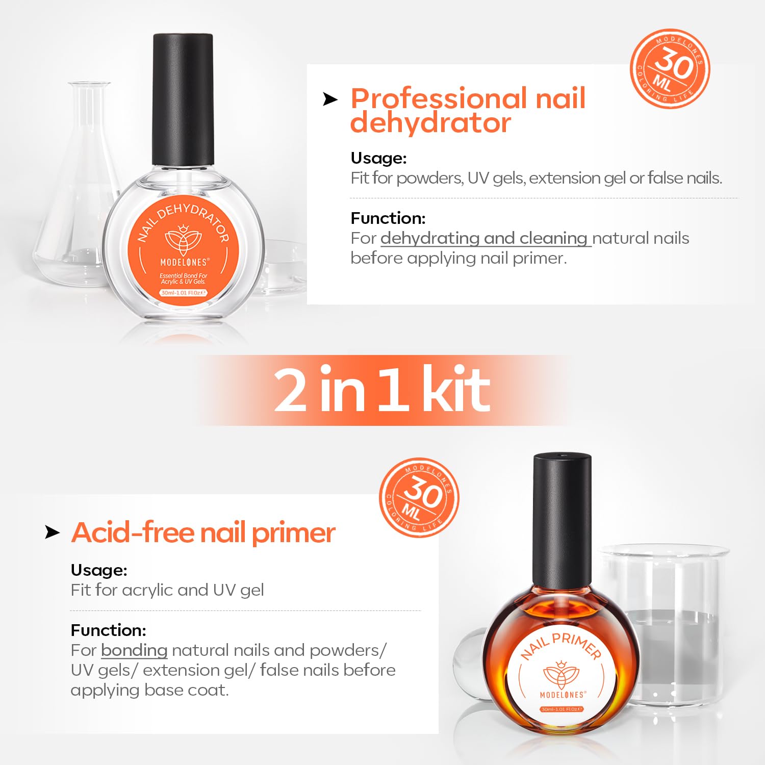 Modelones acid-free, HEMA-free nail prep bottle close-up for safe use.