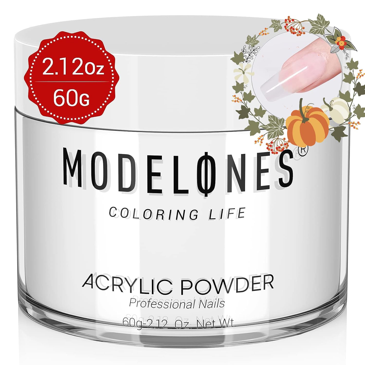 Modelones acrylic powder bottle close-up showing a clear base for durable DIY nails