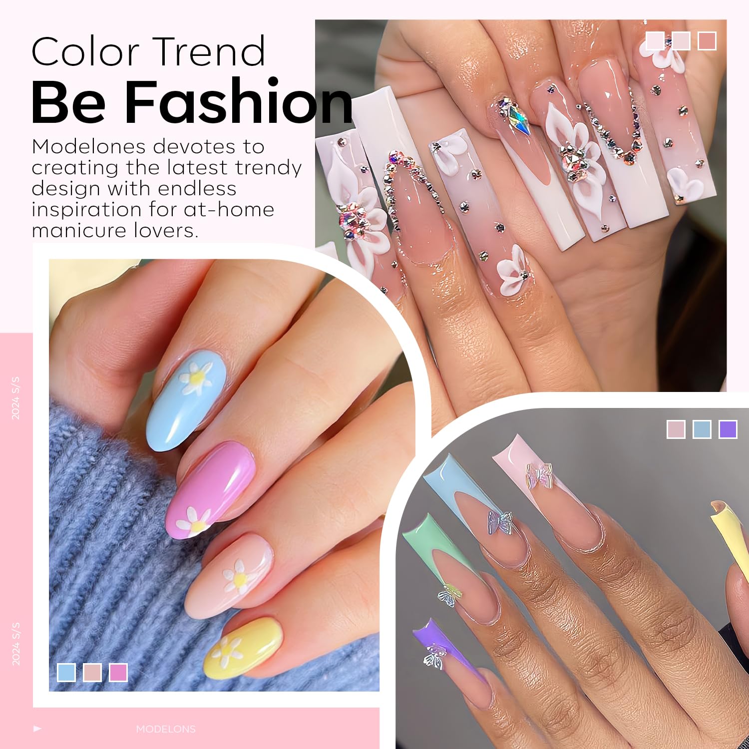 Modelones acrylic powder bottles side-by-side showing color variety for nails.