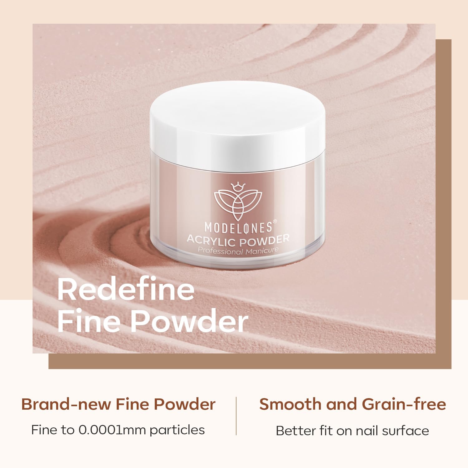 Modelones acrylic powder self-leveling formula demonstrated for seamless nail surfaces.
