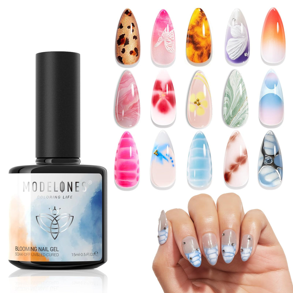 Modelones Blooming Gel bottle closeup shows clear blooming effects for vibrant nail art.