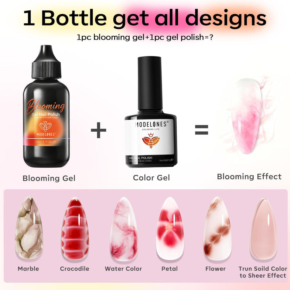 Modelones Blooming Gel in action for marble and floral nails.