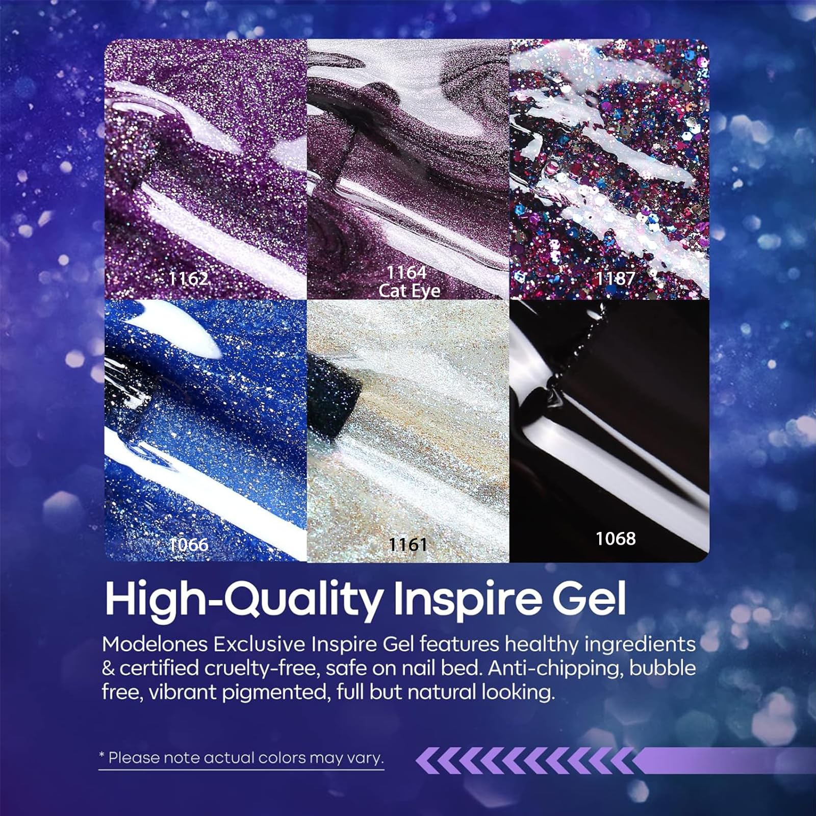 Modelones blue color-changing gel showing temperature-sensitive shimmer on nails.