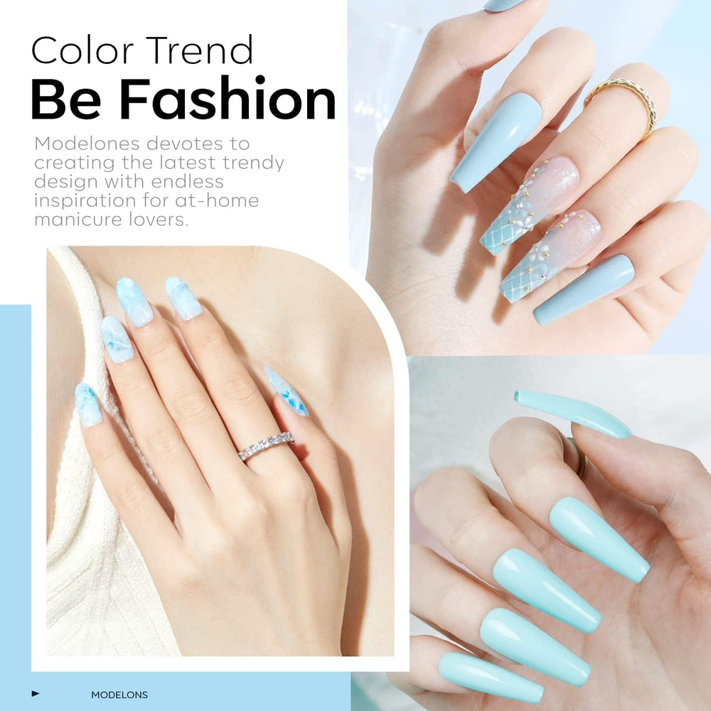 Modelones blue gel polish brush applying smooth coat for at-home manicure