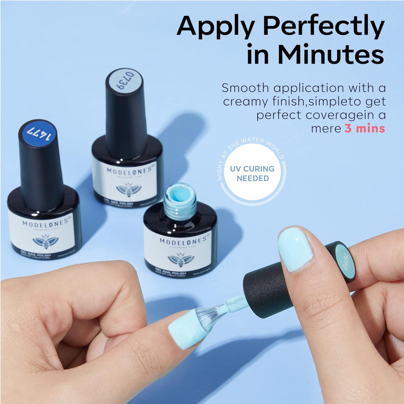 Modelones navy blue polish delivers deep, classic nails for evenings.