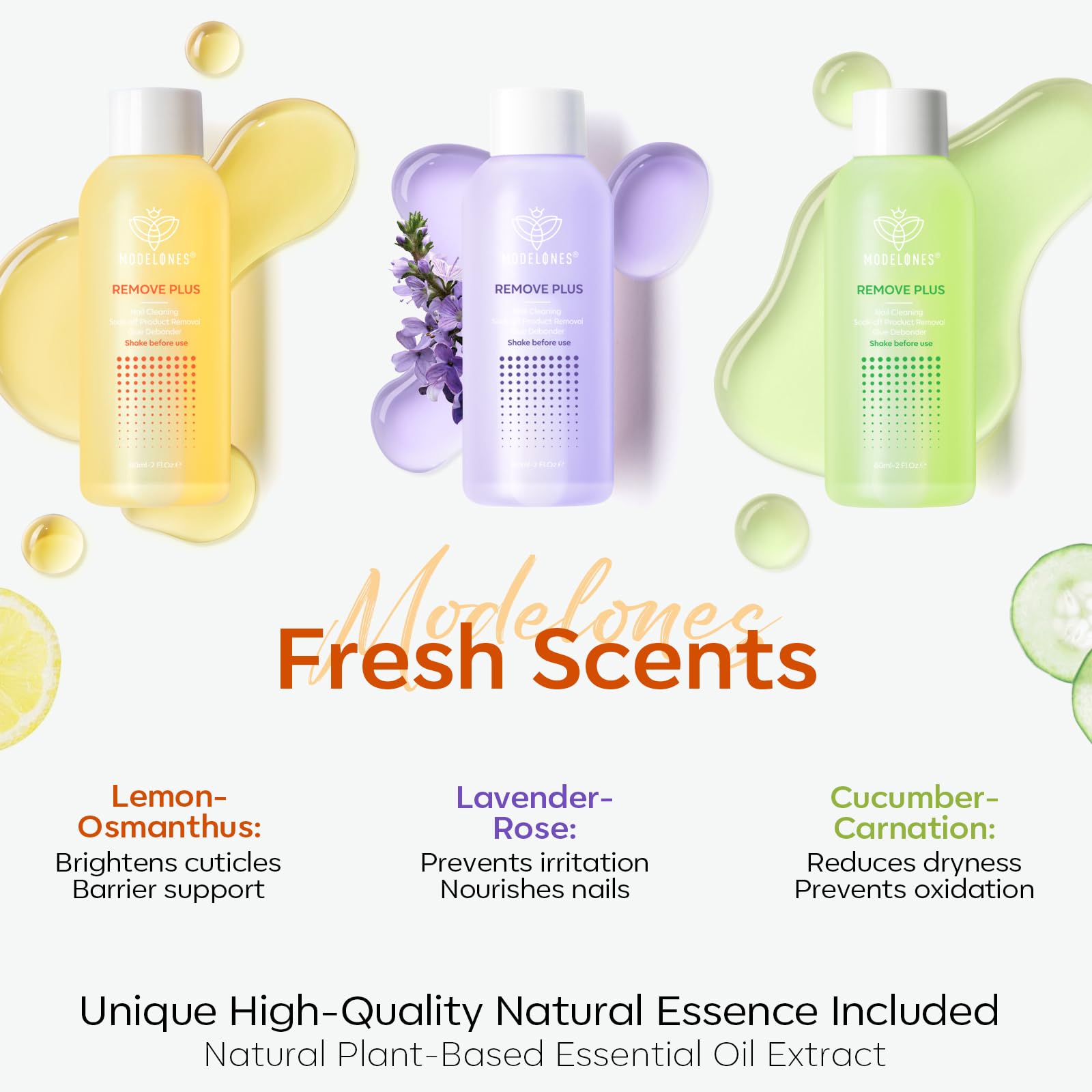 Modelones botanical scent label highlights lemon, lavender, and cucumber extracts for a pleasant removal experience.