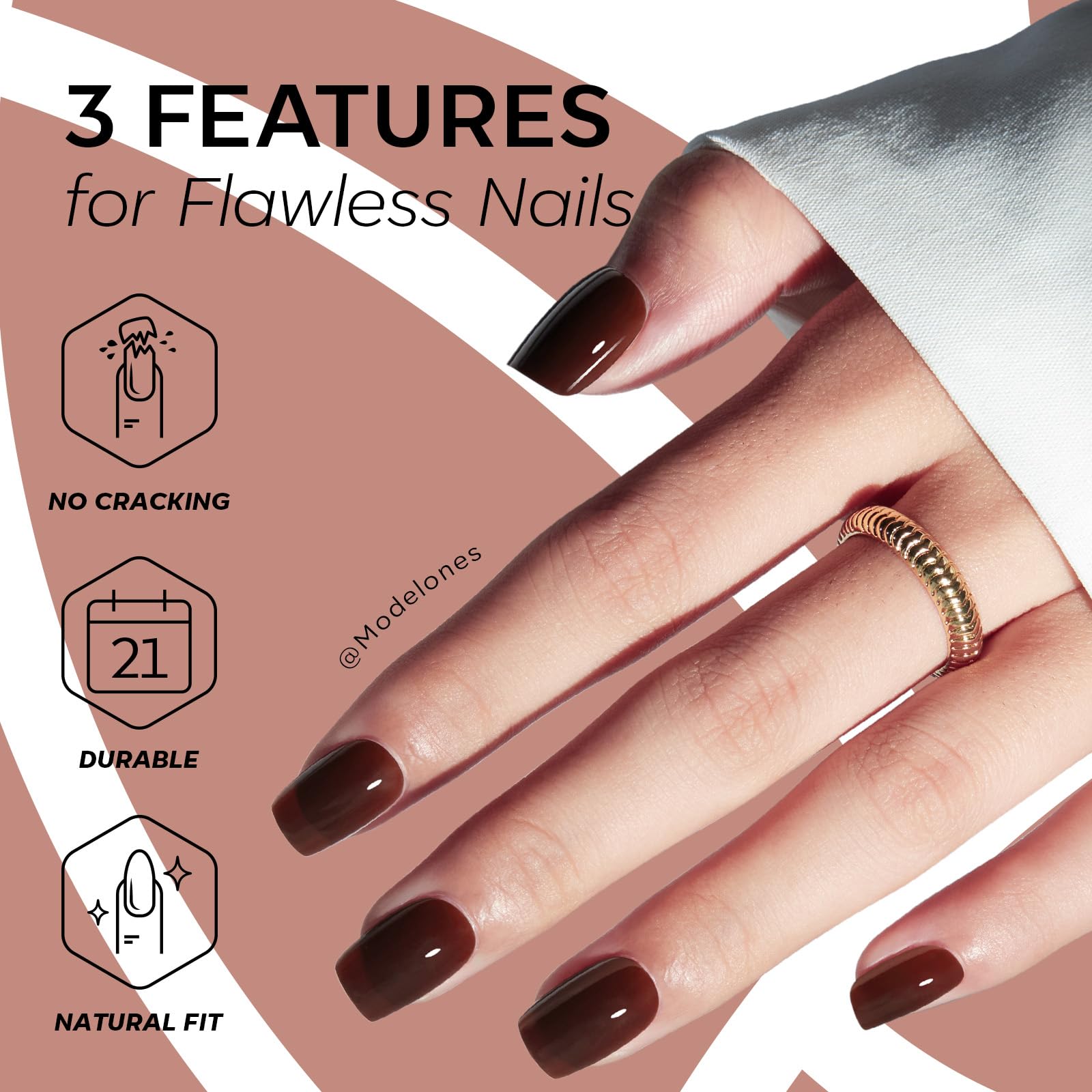 Modelones brown nails with mini file included for on-the-go touch-ups.