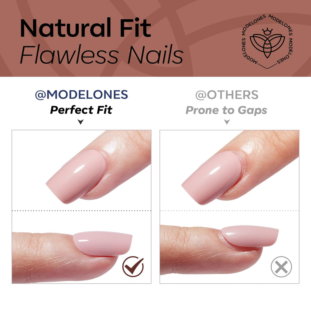 Modelones nails on hand illustrate three-step pop-on application.