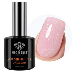 Modelones Builder Nail Gel bottle and brush close-up showing nude pink glitter finish.