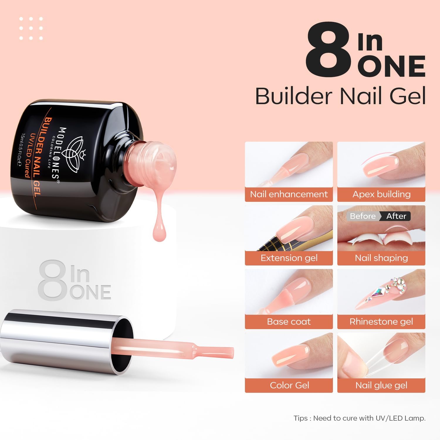 Nail application with Modelones Apricot Blush Builder Gel for seamless coverage.