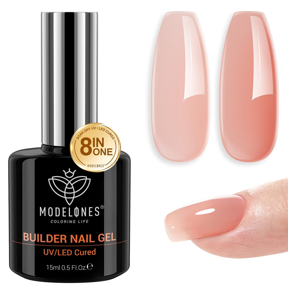 Modelones Builder Nail Gel apricot blush base shot for smooth foundation.