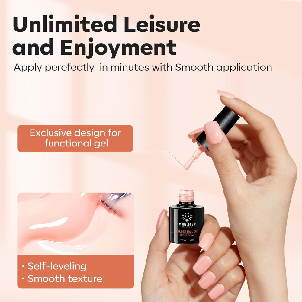 Self-leveling texture of Modelones Builder Gel apricot blush on nails.