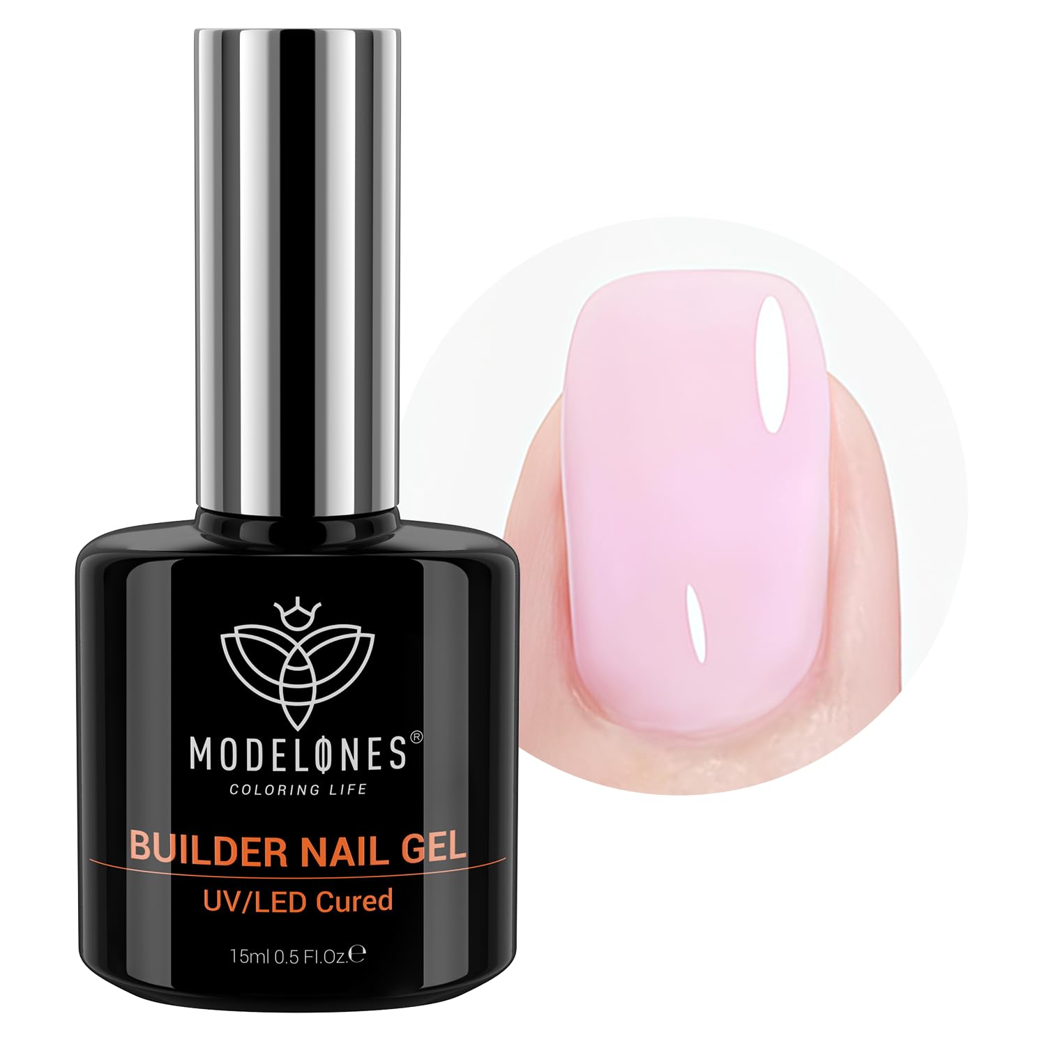 Modelones Builder Nail Gel bottle in baby pink for at-home color and simple application.