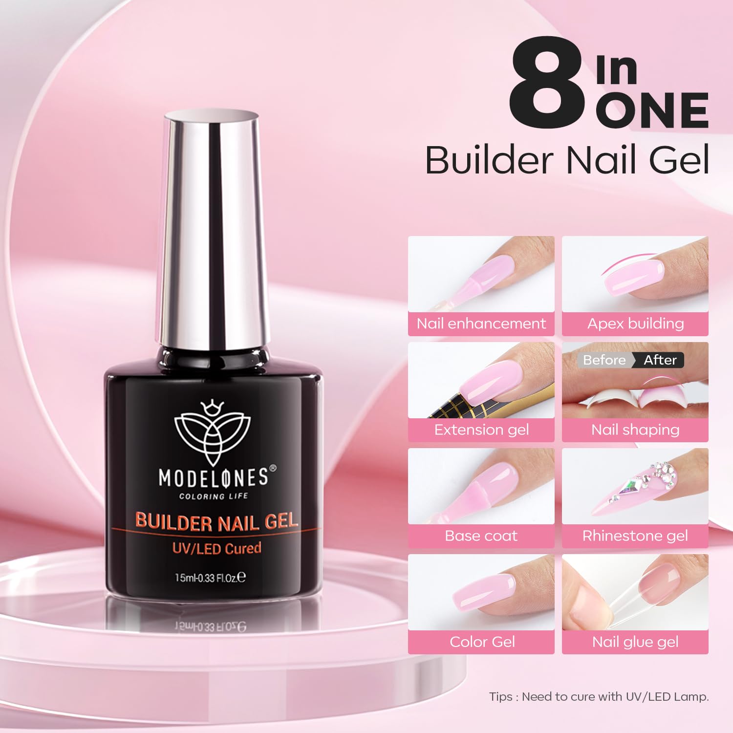 Modelones gel under LED/UV lamp for quick curing and solid results.