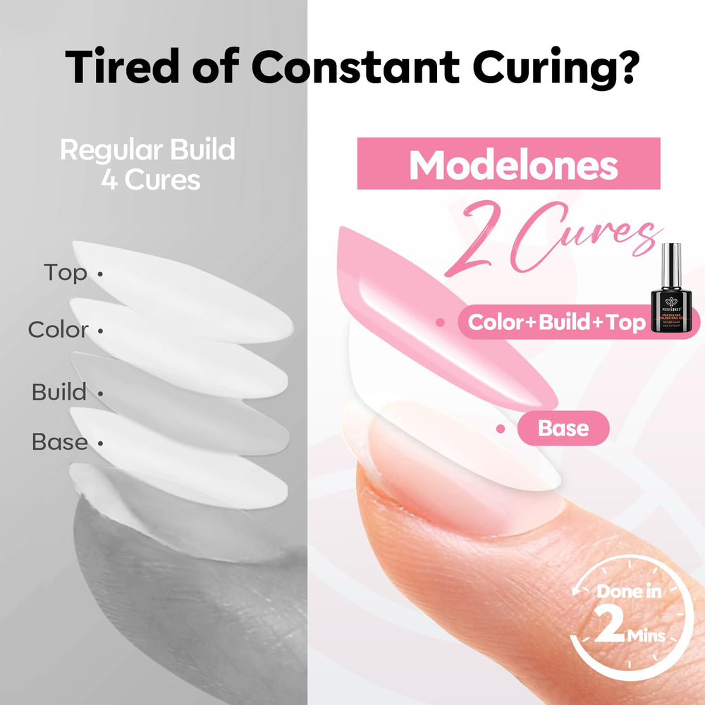 Modelones Builder Nail Gel demonstrates C-curve apex for lifted, salon-like nails at home.