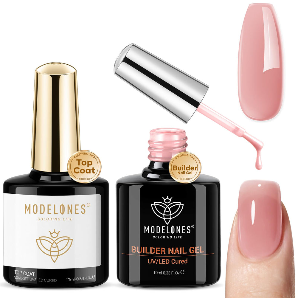 Modelones builder gel nude pink bottle for stronger, thicker nails.