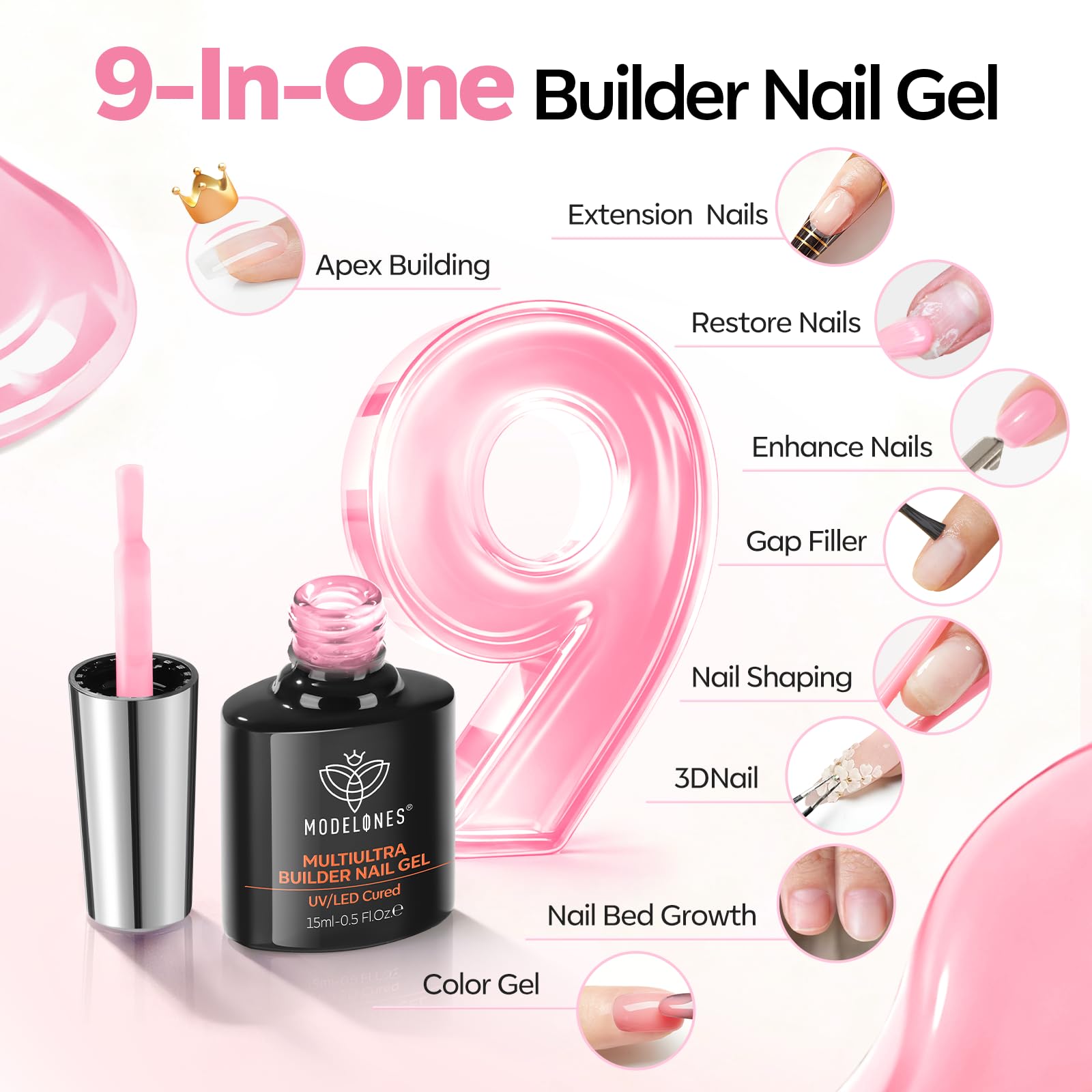 Modelones Builder Nail Gel 9-in-1 solution supports nail repair and growth.