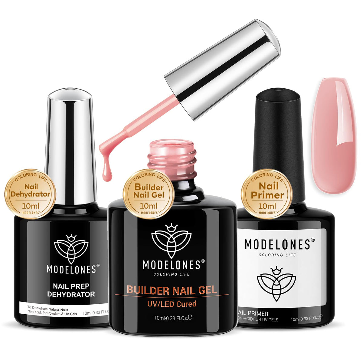 Modelones Builder Nail Gel rose-nude bottle with built-in brush for smooth, even application.