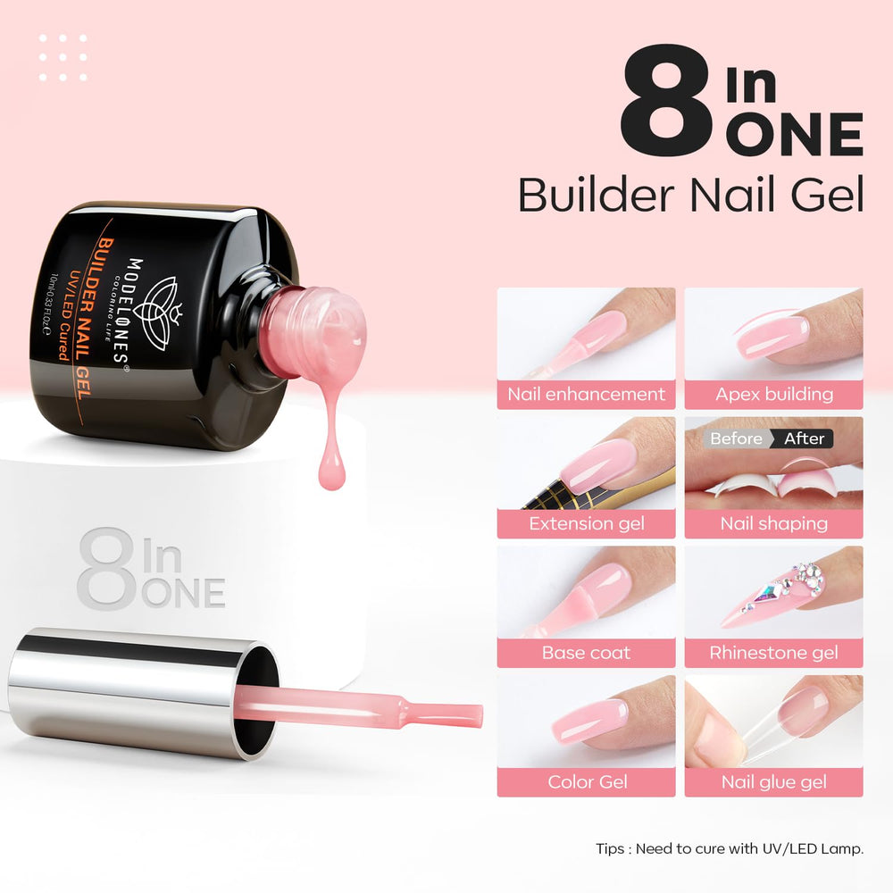 Modelones Builder Nail Gel rose nude pink bottle adds natural color while thickening the nail.