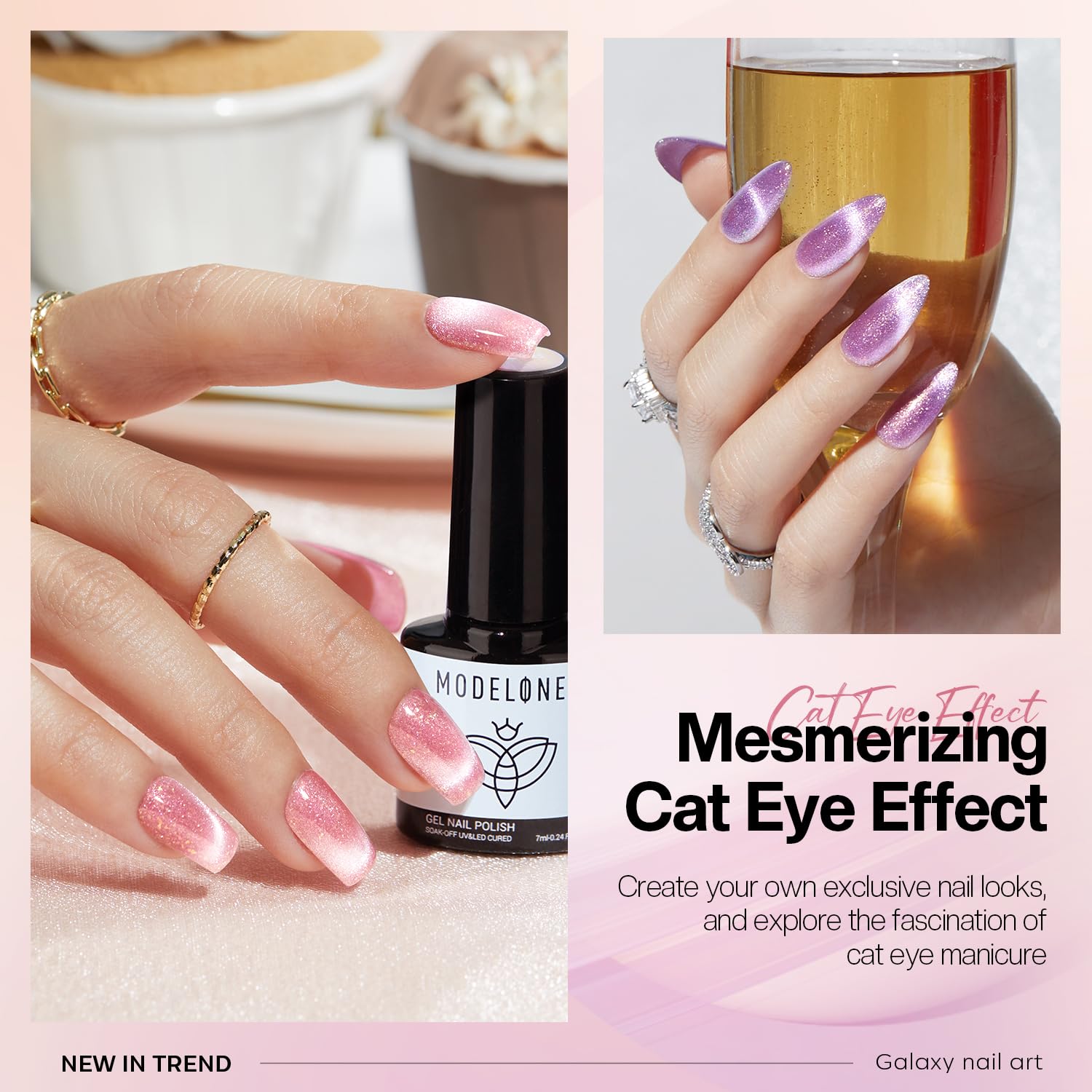 Modelones cat eye gel on nails demonstrating depth and color shift under light
