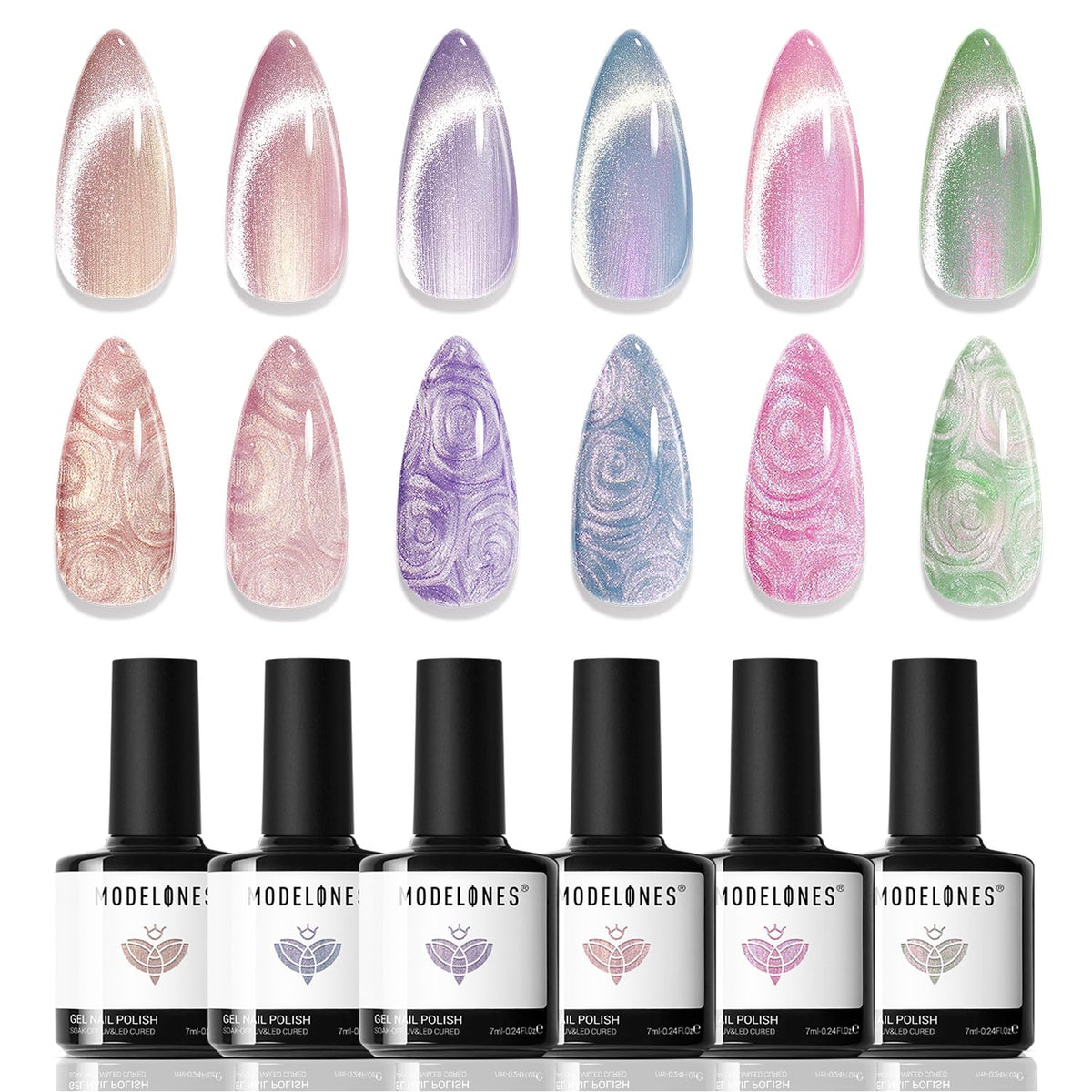 Modelones Cat Eye Gel Nail Polish with magnet creates a shimmering cat-eye look for chic nails.