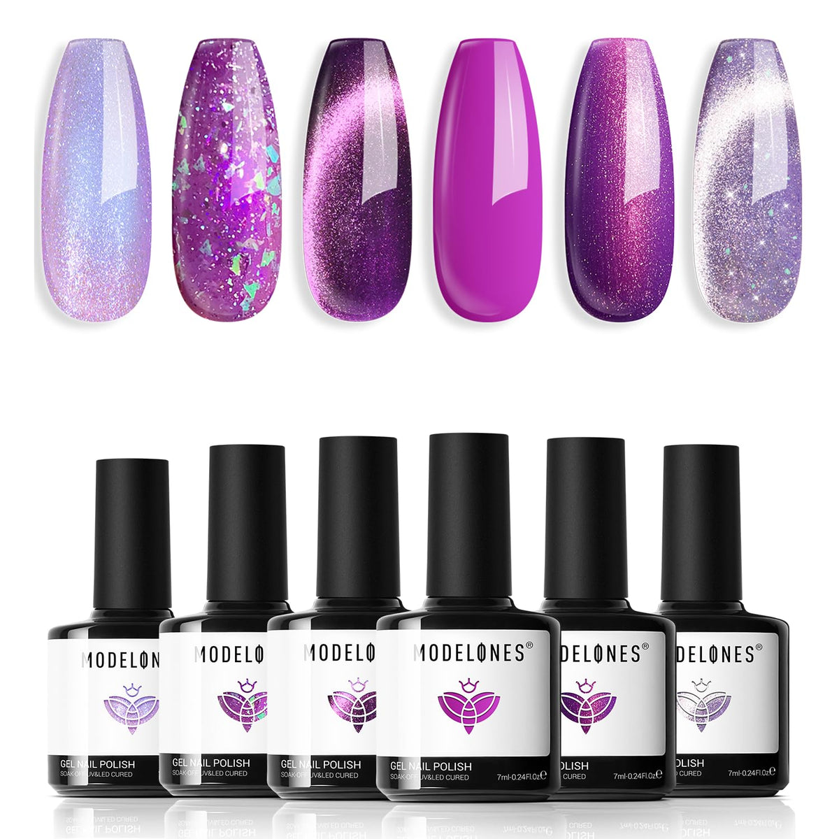 Modelones cat-eye gel nail polish set on display showing six shimmering colors for DIY salon-quality nails at home