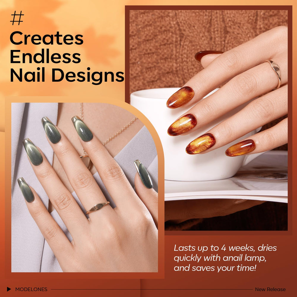 Modelones cat-eye glitter gel in rich brown for depth and shimmer.