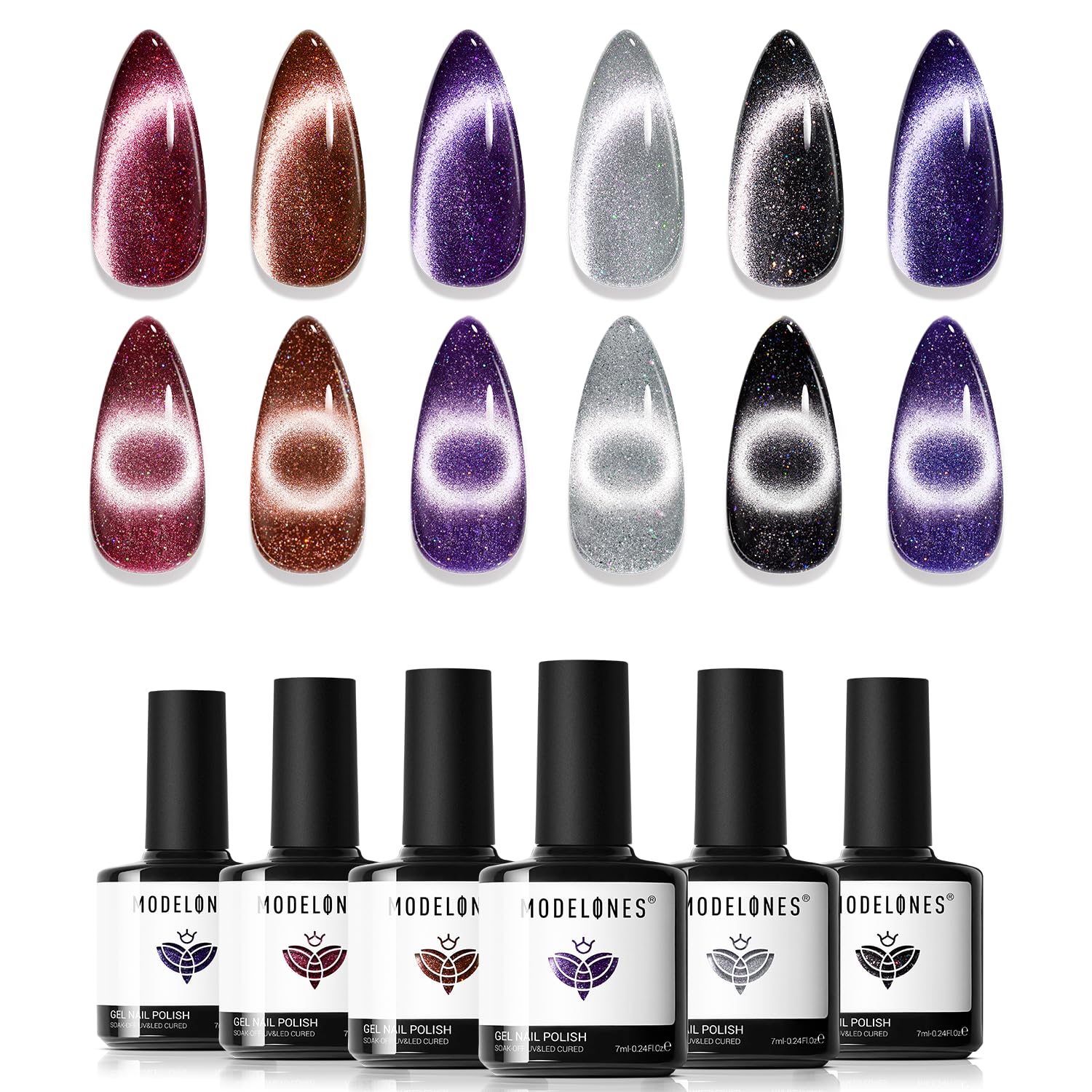 Modelones cat-eye nail polish six colors swatches show vibrant, long-lasting shine.