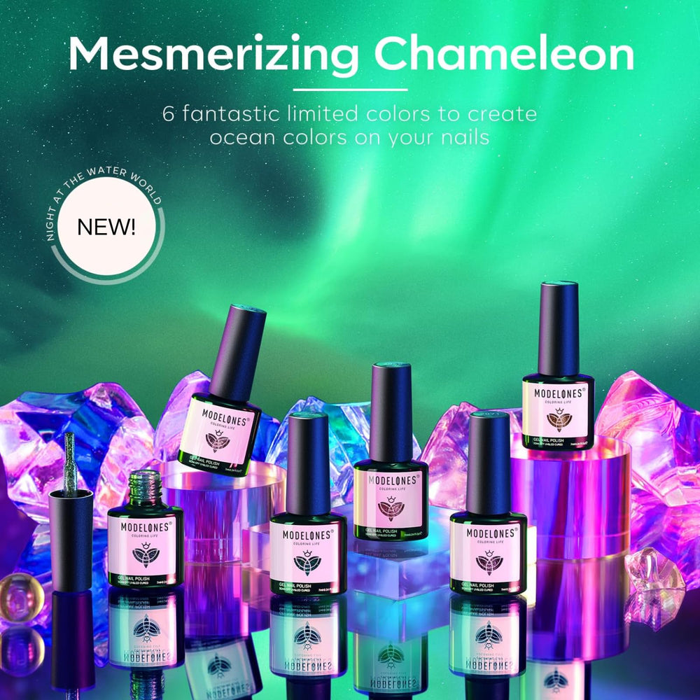 Modelones Chameleon Glitter Green bottle shows emerald sheen for dynamic nail art
