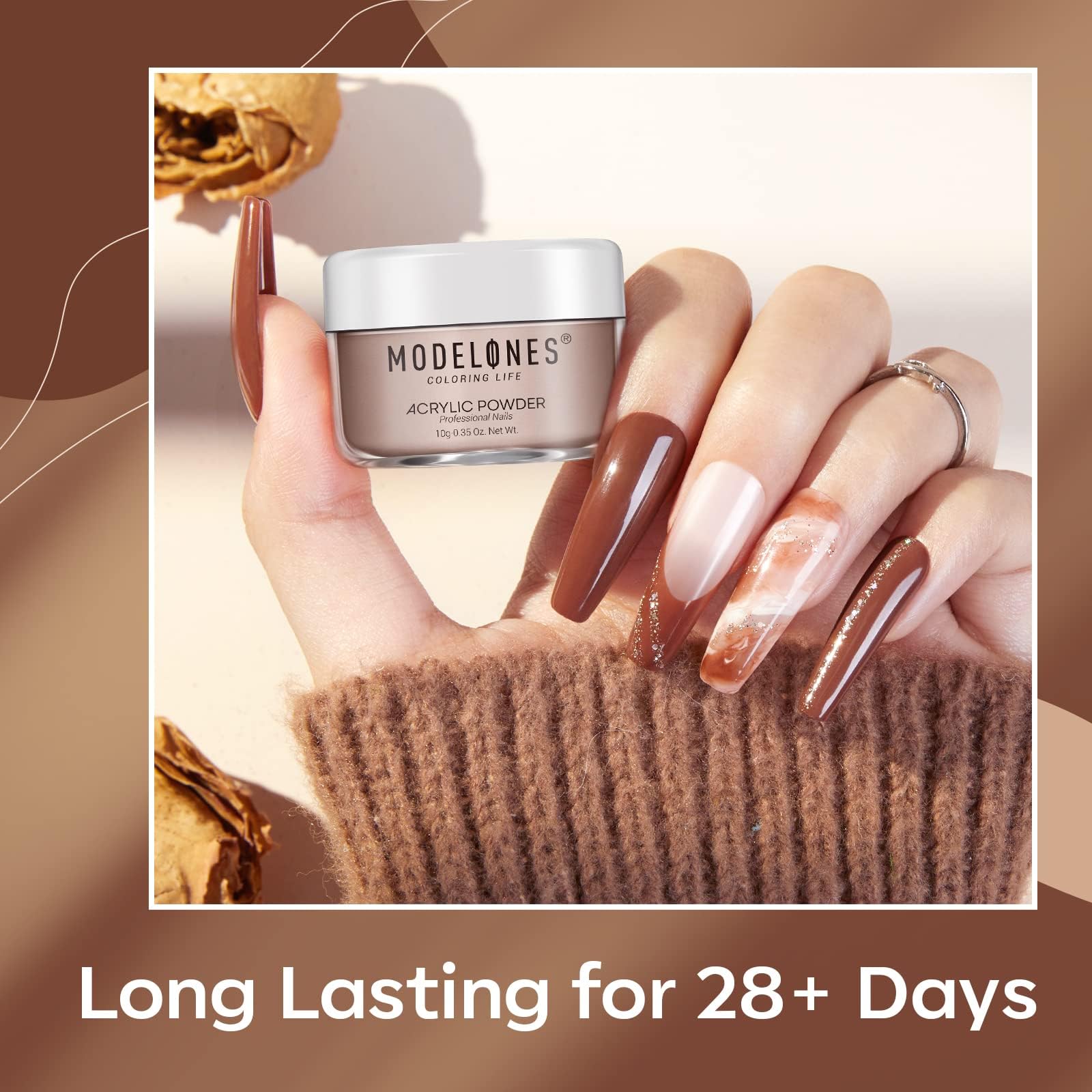 Modelones chocolate brown powder swatch shows natural-looking nude manicure options.