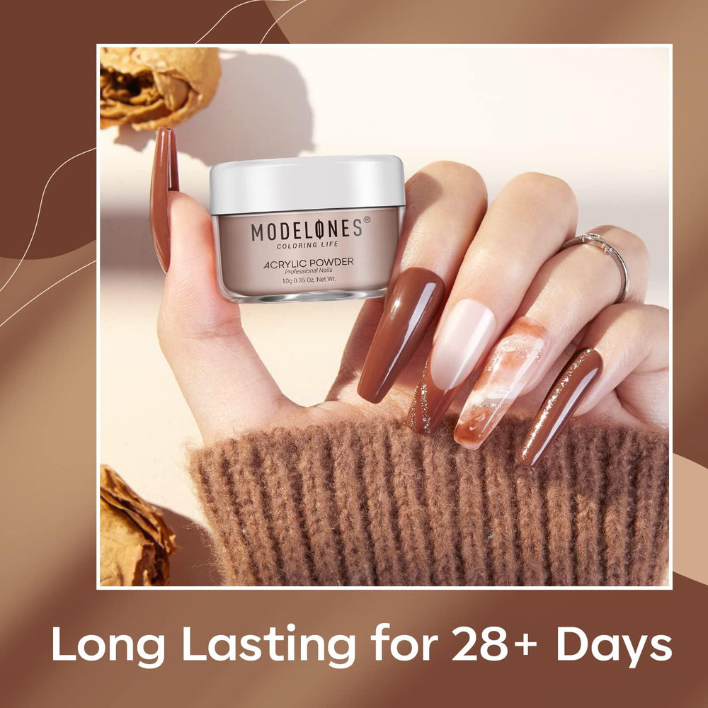 Modelones chocolate brown powder swatch shows natural-looking nude manicure options.