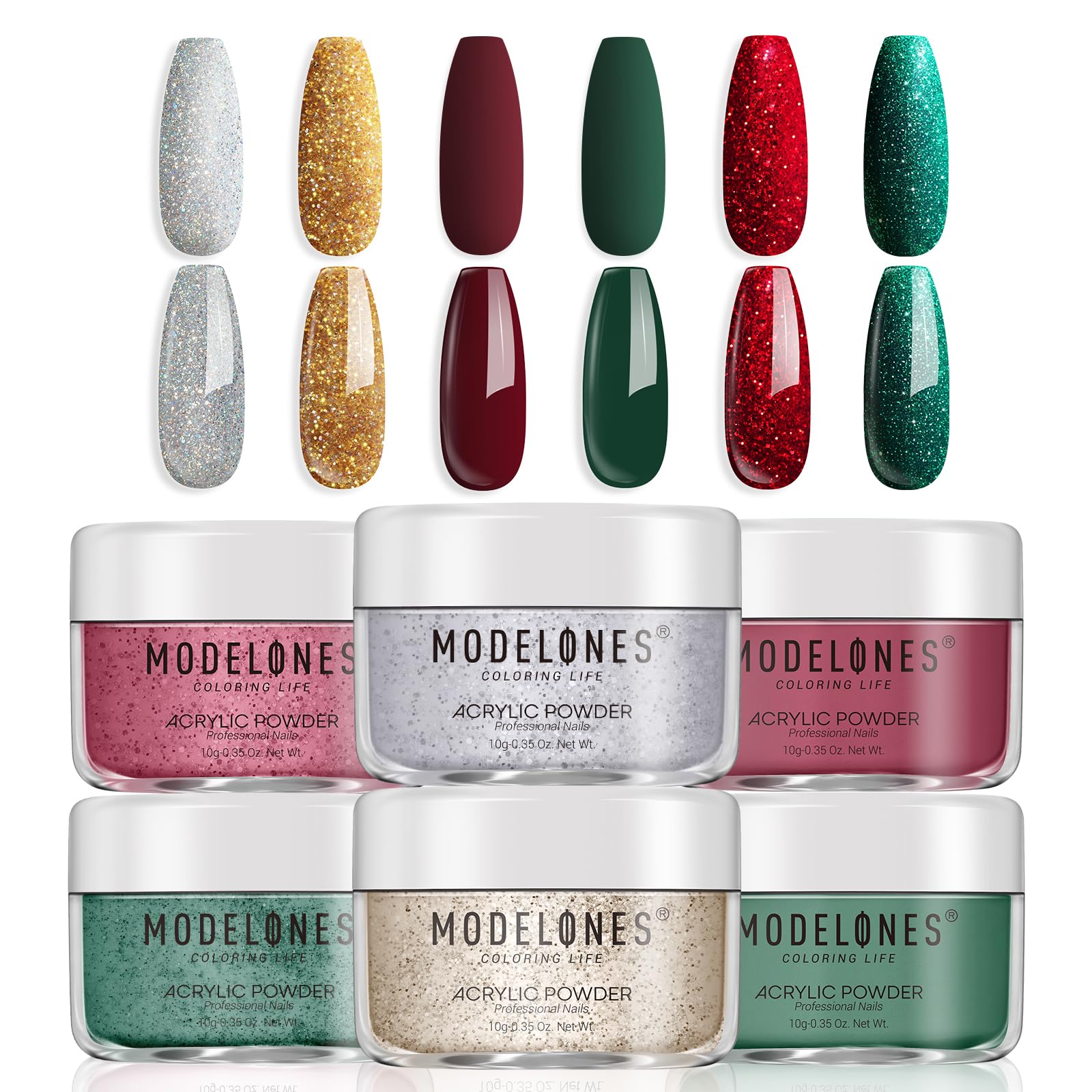 Modelones Christmas colors acrylic powder in 6 shades for festive nail art.