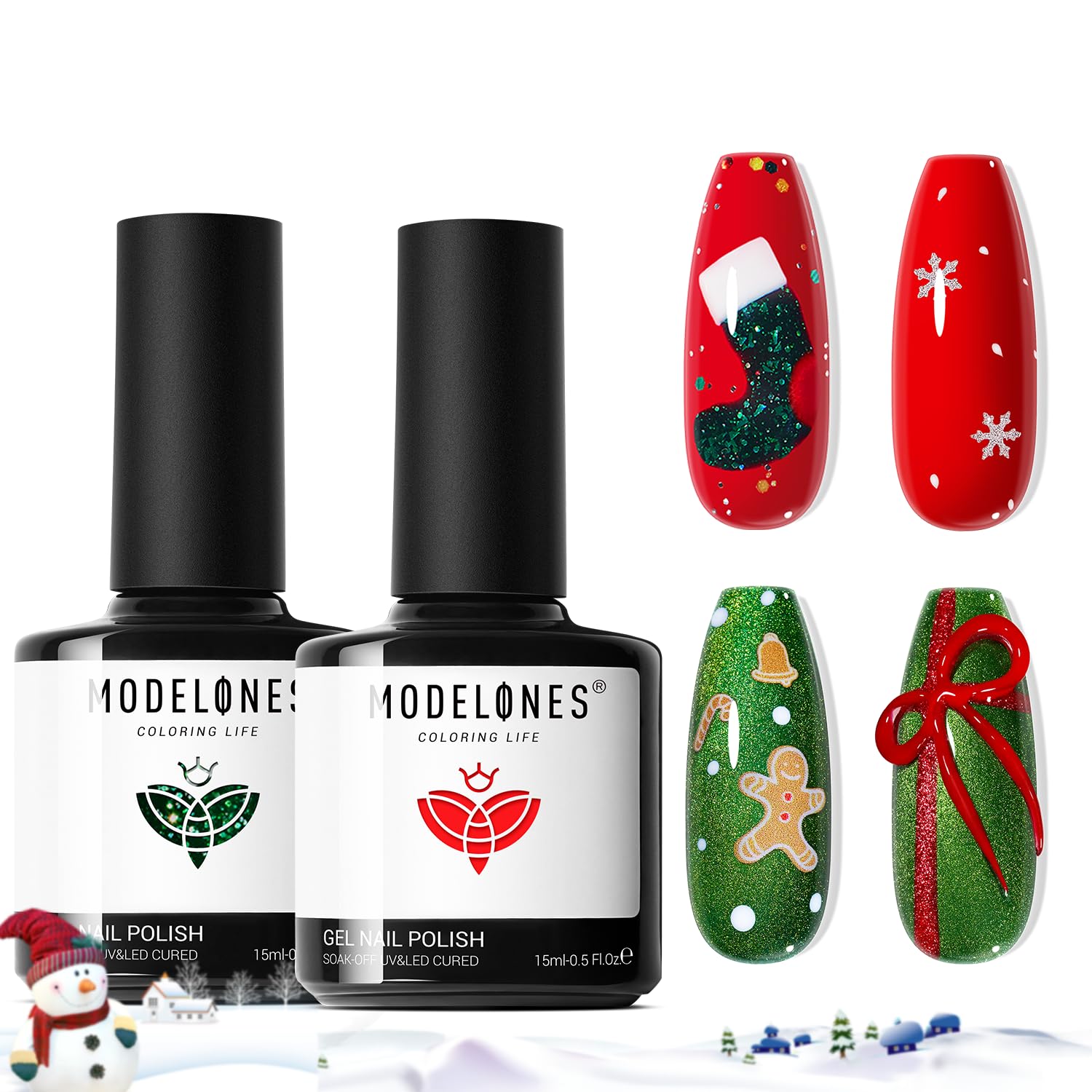 Modelones Christmas gel nail polish set bottles in red and green for holiday manicure.