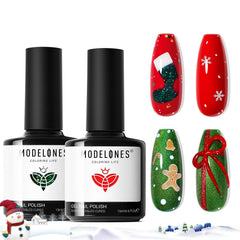 Modelones Christmas gel nail polish set bottles in red and green for holiday manicure.