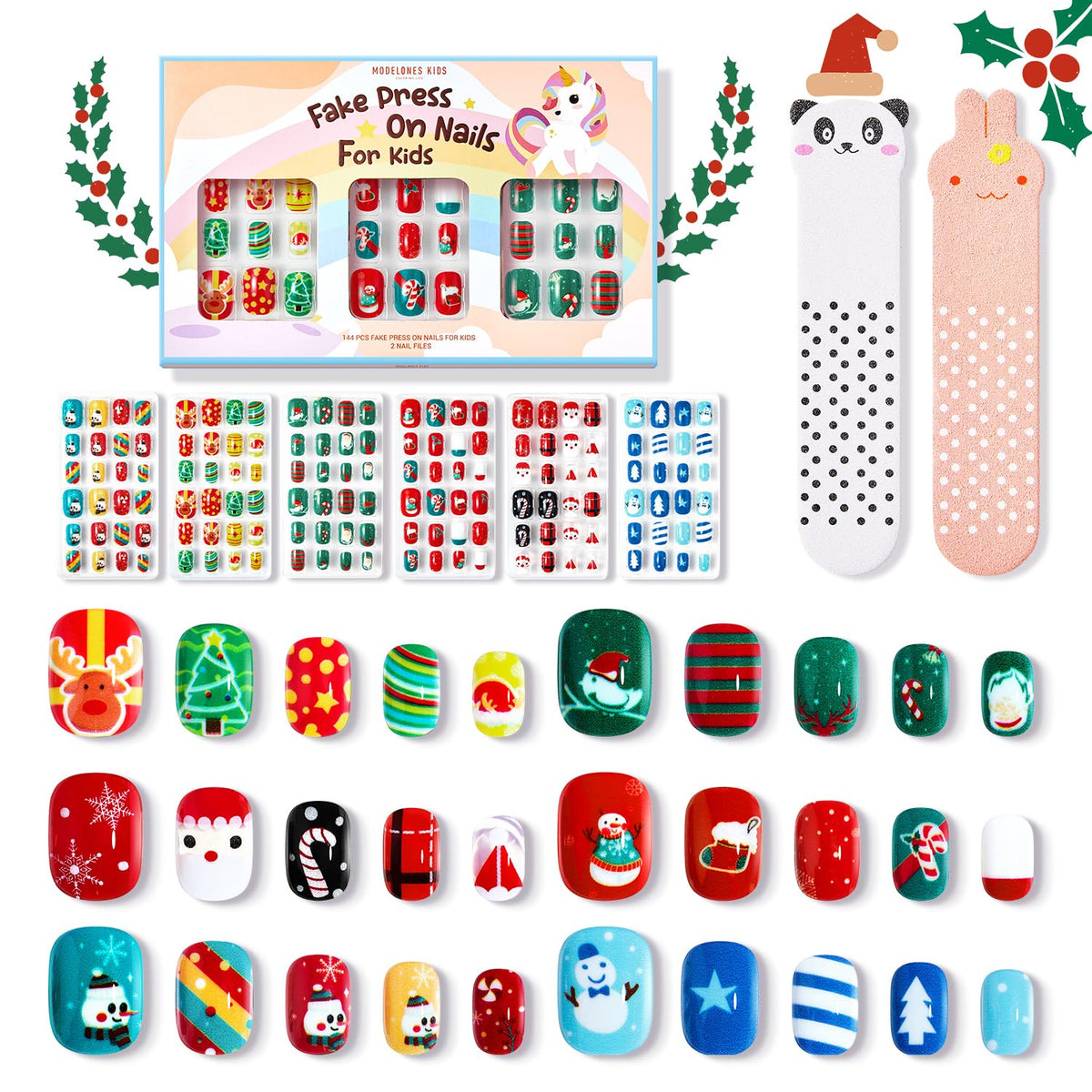 Modelones Christmas kids nails with snowflake patterns for festive nail art.