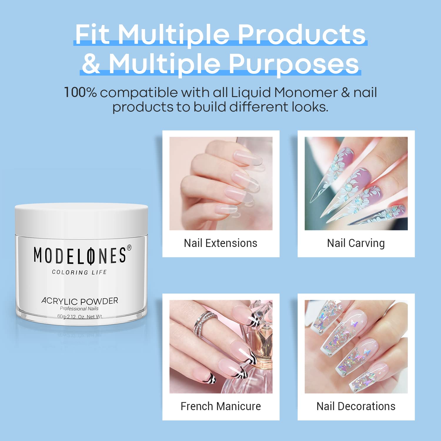 Modelones clear acrylic powder detail for smooth nail overlays